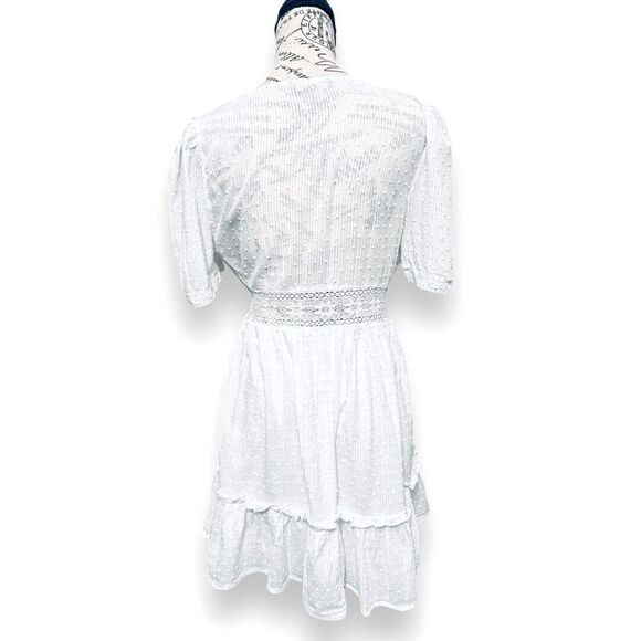 Lulus L White Lace Mini Dress V-Neck Ruffle Hem Bridal Wedding Guest Sundress - Picture 6 of 12